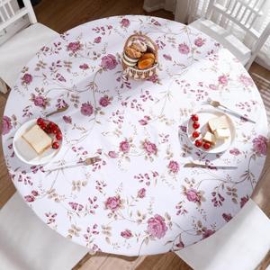 Round Vinyl Fitted Tablecloth with Flannel Backing Elastic Edge Design Table Cover Waterproof Oil-Proof PVC Table Cloth Stain-Resistant Wipeable for 57"-66" Round Table (Flowers)