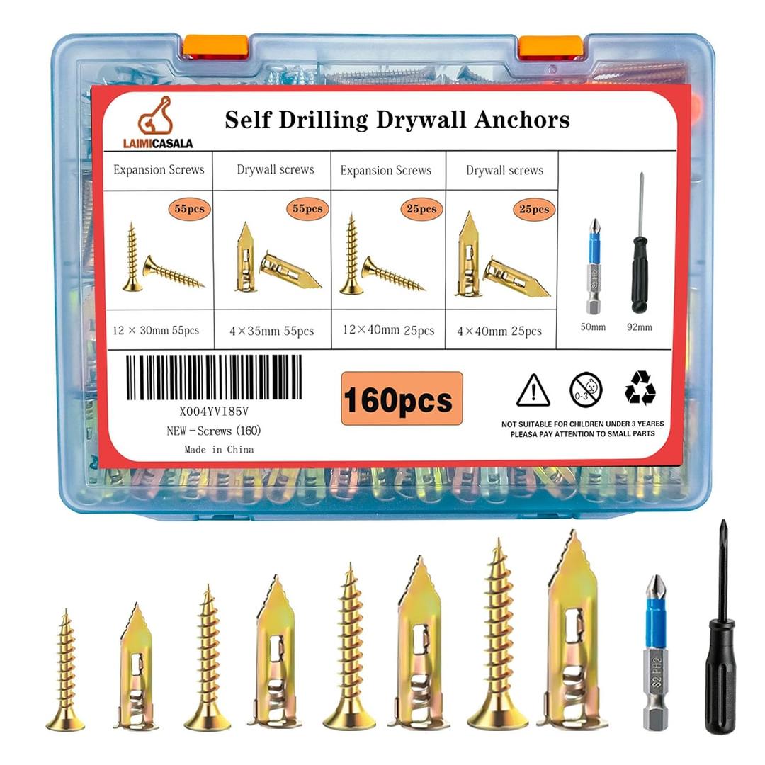 160pcs Self Drilling Drywall Anchors with Screws Kit, Heavy Duty Metal Expansion Bolts, 2 Sizes Sheetrock Anchors & Drywall Grip Anchors for Shelf, Mirror, Cabinet, Picture Frames, No Drill Needed.