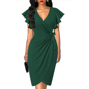 oten Womens Deep V Neck Ruffle Sleeve Sheath Casual Cocktail Party Work Faux Wrap Dress, M 