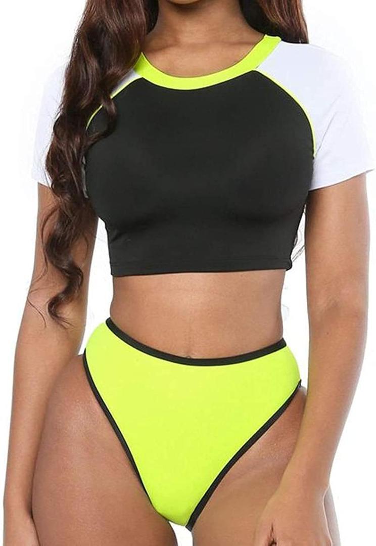 Women's Short Sleeve Swimsuit High Waisted Bikini Neon Yellow Bathing Suits Thong Triangle Swimwear Rashguard Sporty Two Piece XL