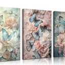 3pcs Butterfly And Floral Canvas Wall Art Pink Elegant Peony Florals Wall Decor Pictures Rustic Farmhouse Floral Posters Prints Paintings for Living Room Bedroom Bathroom Decoration Prepare To Hang