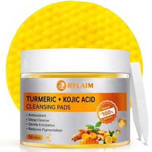 Turmeric Kojic Acid Cleansing Pads, 50 PCS Turmeric Pads for Face Dark Spots Cleansing & Exfoliation (1 Count (Pack of 50))