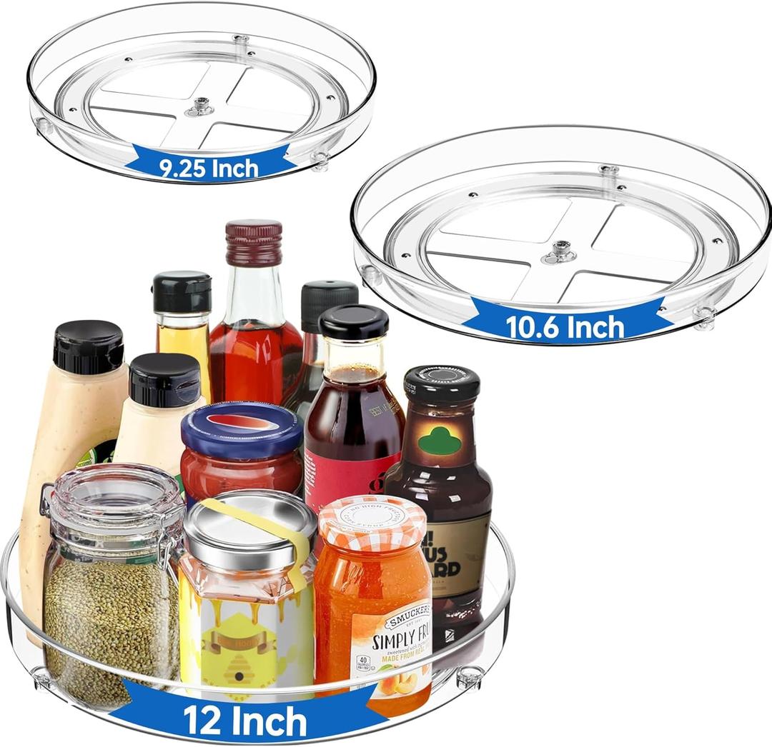 3 Pack Lazy Susan, 9.25 + 10.612 Inch Clear Turntable Organizer, Acrylic Rotating Spice Rack for Kitchen Cabinet, Pantry, Refrigerator, Vanity Bathroom Countertop Storage