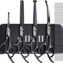 CIICII Dog Grooming Scissors Kit, 7 Inch Professional Pet Grooming Scissors Set with Safety Round Tip (Dogs/Cat Hair Cutting Trimming Thinning Shears with Curved Scissors) for DIY Home Salon (Black)