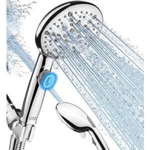 Cobbe 9-Function Shower Head with Built-in Power Spray, 1.8 GPM Water Saving ON/OFF Toggle Switch, High Pressure Handheld Showerhead with 1-Click Pause Button, Brass Bracket & 6ft Hose, Chrome