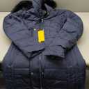 SLOW DOWN Women Winter Down Puffer Coat Warm Hooded Mid-Length Down Jacket for Women with Faux Fur Trim Hood and Pile Collar (Navy, M)