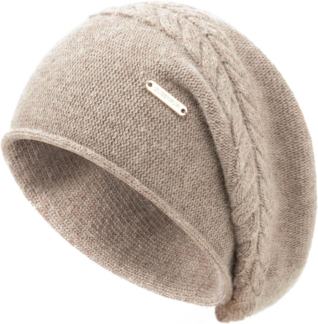 QUEENFUR Knit Slouchy Beanie Hats for Women Cashmere Ski Cap Knitted Wool Soft Warm Winter Hat (One Size, B06-khaki)