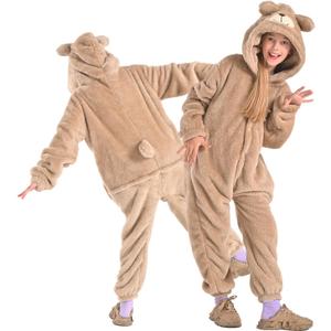 Bearhug Wearable Blanket Hoodie for Kids Soft Cozy Fleece Bear Costume Animal Onesies Pajamas Halloween Christmas Cosplay Costume for Girls Boys M Brown