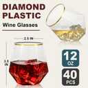 Goodluck 40 PCS Diamond Stemless Plastic Wine Whiskey Glasses, 12 Oz Disposable Cocktail Glasses, Suitable for Weddings, Birthday Parties, Family Gatherings, Bars, etc Gold rimmed cups (Clear and Gold)