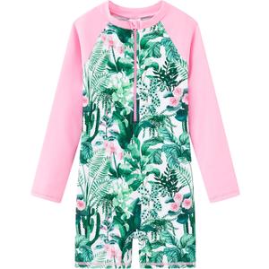 Girls Long Sleeve Rash Guard Swimsuits Zipper Bathing Suits (12 Years, Pink, Tropical Plants)