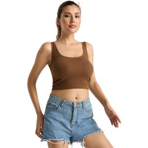 Women Rib Tank Top Padded Workout Top Square Neck Crop Tank Fitted Basic Cami Tops (X-Large, Brown)