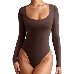 REORIA Women's Sexy Basic Scoop Neck Long Sleeve Double Lined Layering Slim Bodysuit Tops (Large)