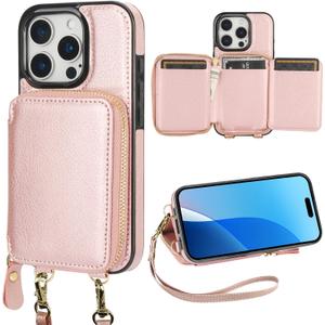Bocasal RFID Blocking Wallet Case for iPhone 16 Pro, Adjustable Crossbody Zipper Purse Case Card Holder with Kickstand Detachable Wrist Strap, PU Leather Flip Folio Case 6.3 Inch 5G (Rose Gold)