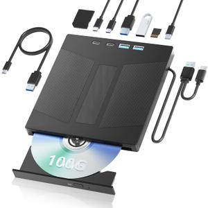 7-in-1 External Blu Ray Drive,USB 3.0&Type-C External Bluray/DVD Burner & SD/TF Card Reader,Support 100G Disc R/W for PC External Bluray Drive Compatible with Windows Mac Linux Laptop Desktop