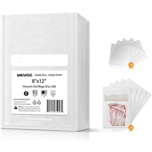 Wevac 8" x 12" Precut Vacuum Sealer Bags, 200 Count, Includes 5 Liquid Block Bags & 5 Bone Guard Pieces, Heavy Duty for Food Storage, Sous Vide & Meal Prep