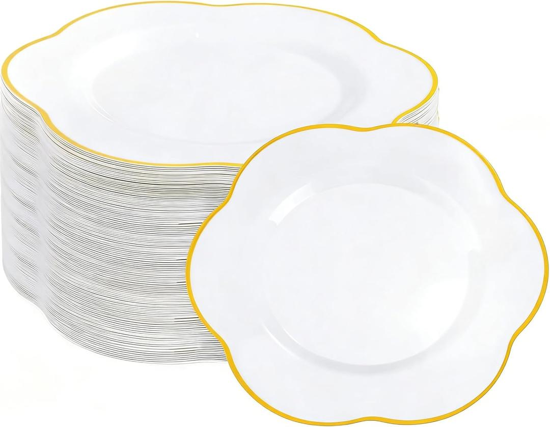 Liacere 100PCS Gold Plastic Plates - White and Gold Dinner Plates - with Gold rim10inch Heavy Duty Disposable Plates, Perfect for Wedding & Party & Holiday & Afternoon Tea