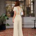 XXTAXN Women's Caual Fashion Crew Neck Short Sleeve Ruched Waist Backless Tie Wide Leg Long Pant One Piece Jumpsuit (S)