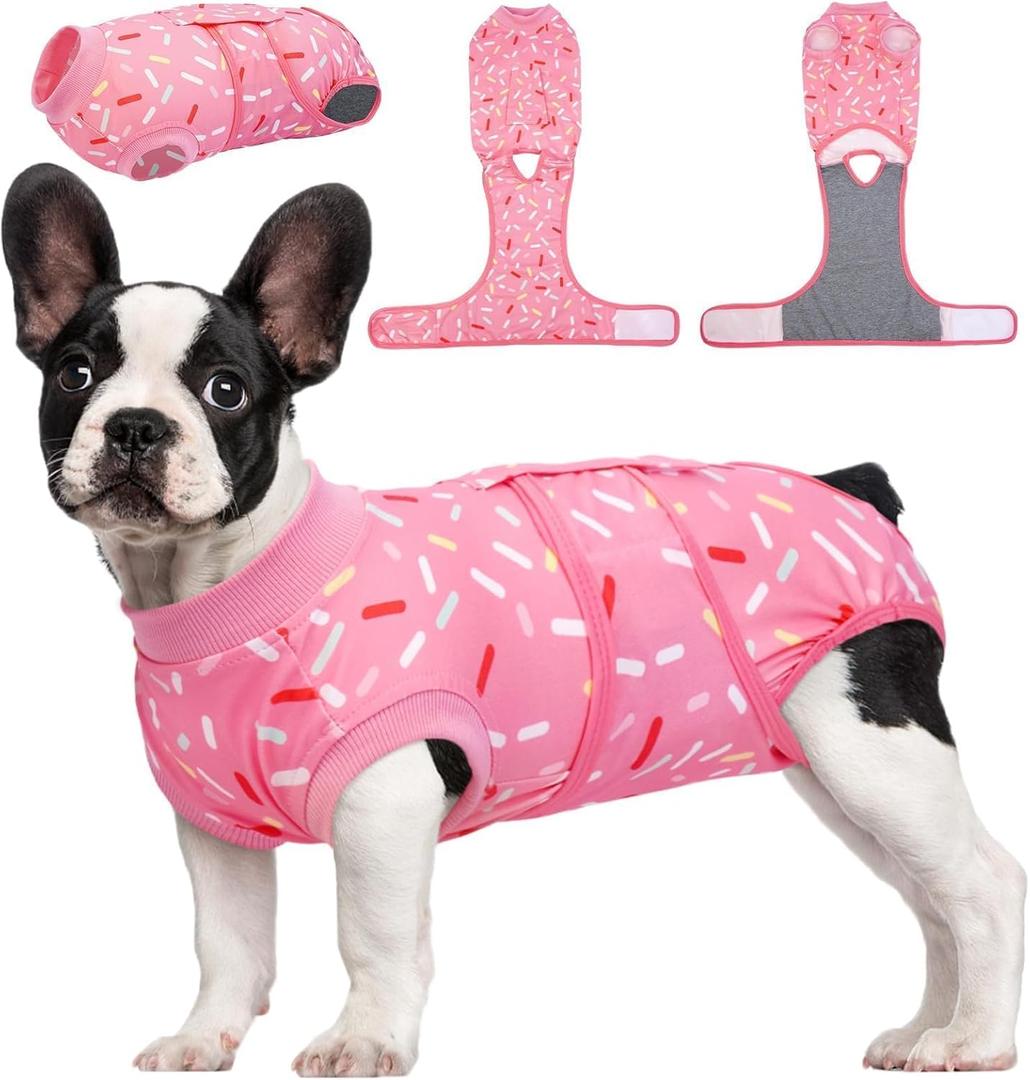 Kuoser Dog Surgery Suit, Comfy Dog Recovery Suit Female Doggie Onesie for Surgery, Post Op Protective Onesie, Soft E-Collar Alternative for Cats & Puppies, PinkRibbon XS (Xs (Back:8.3-11.4'', Weight:4-7 Lb))