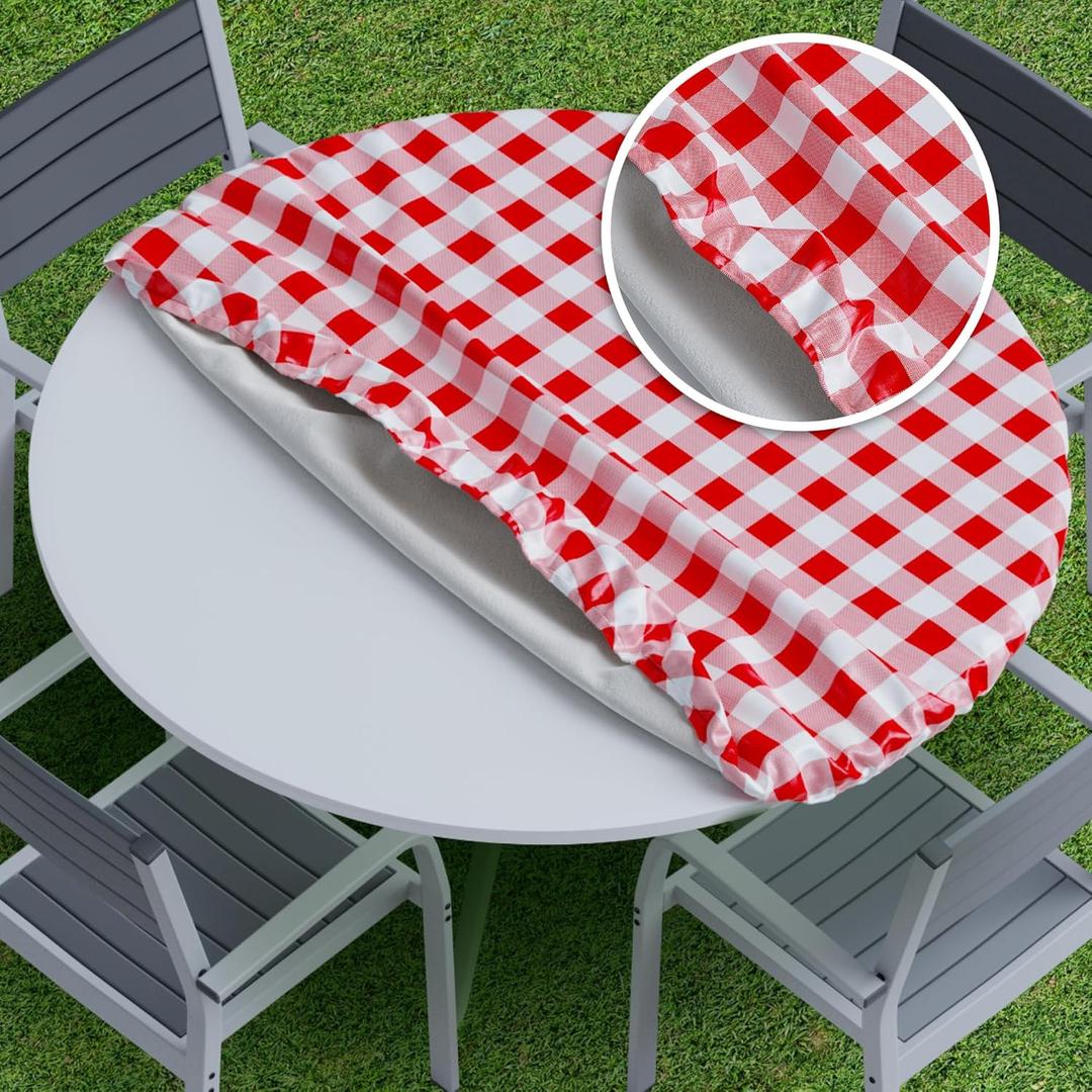 Sorfey Vinyl Fitted Tablecloth Cover, Checke Design, Flannel Backed Lining Fits Up-to 40-44 Round Tables Red