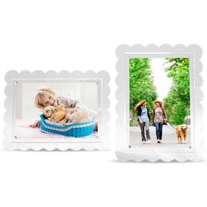 2 Pack of 5 x 7 Clear Acrylic Scalloped Picture Frames, Magnetic Acrylic Closure with Dual Kickstand Holes for Vertical and Horizontal Display
