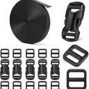 5/8" Buckle and Strap Set: 6 Yards of Thick Nylon Webbing, 6 Pack Quick Side Release Adjustable Plastic Buckles, 12 Tri-Glide Slide Clips, Black (5/8 Inch Combo Set)