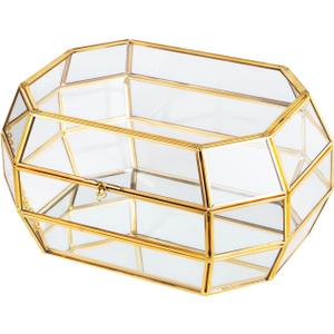 Vellon Gold and Clear Jewelry Trinket Box, Glass Decorative Box, Chic Design Storage for Cosmetic/Bracelet/Necklace/Ring, Idea Gift, Including 26 Glass Panels and 112 Golden Metal Line