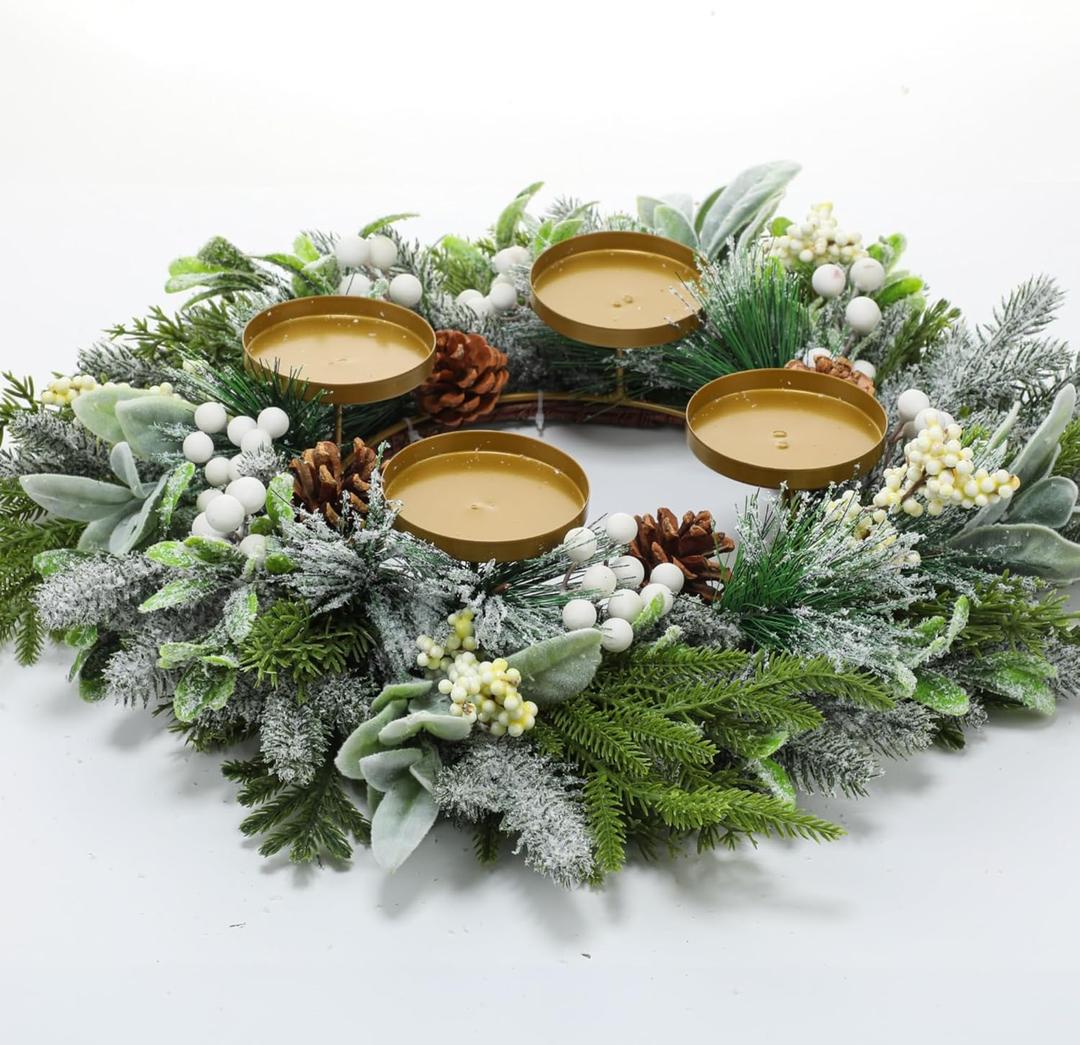 Large Christmas Advent Wreath Candle Holder with Norfolk Pine, Cedar, Mistletoe 19 Inch Rustic Advent Calendar Ring Decoration Stand for Gifts, Church, Home Decor(White, Frosted Style)