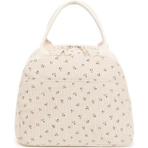 Bluboon Lunch Bag for Women Men Cute Corduroy Lunch Tote Bags Reusable Insulated Lunch Box Large Capacity Reusable Insulated Cooler for Work Picnic or Travel (Medium(10L), Red Flower Beige)