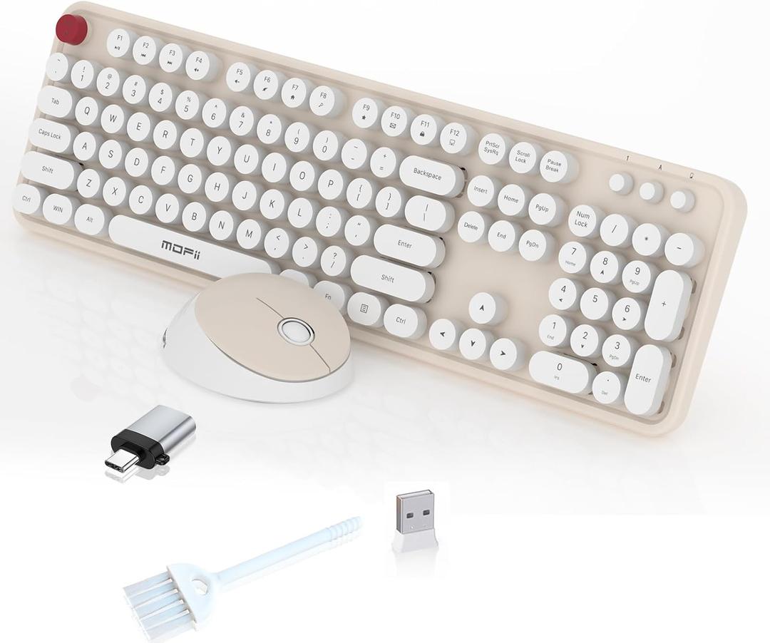 Wireless Keyboard and Mouse Combo, MOFII 104 Keys Full-Size Retro Round Keys Typewriter Keyboards Ergonomic Keyboards and Mouse Wireless for Windows, PC, Laptop, Desktop White