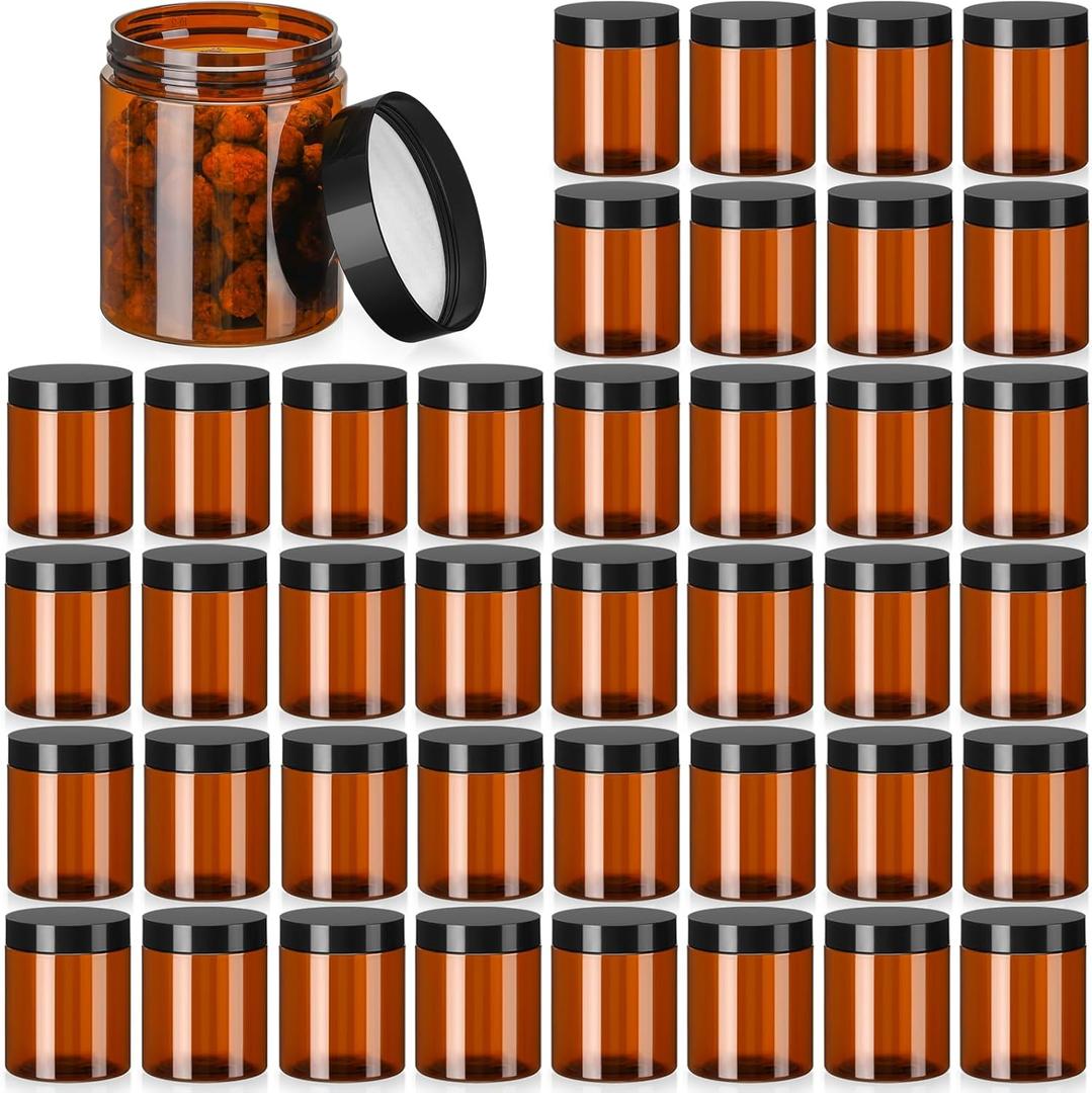 Tanlade 40 Pcs 8 oz Plastic Jars with Lids Round Cosmetic Containers Refillable Containers for Powder Liquid Food Storage Kitchen Cosmetic Lotion Ointments Creams Essential Oil(Amber)