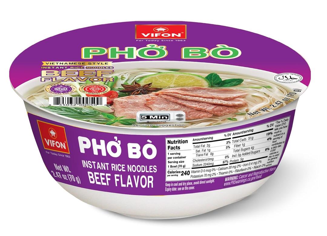 Vifon Beef Flavor Instant Rice Noodles Bowl (Pho Bo) 2.4 Oz, 12-Bowls, BB 11/26
