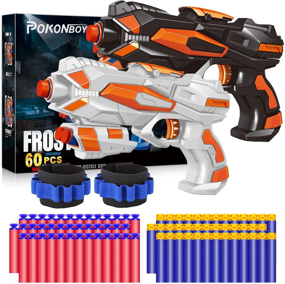 POKONBOY 2 Pack Blaster Guns Toy Guns for Boys Girls with 60 PCS Refill Soft Foam Darts 2 Wristbands for Kids Birthday Gifts Party Favors Hand Gun Toys for 6 7 8 Year Old Christmas