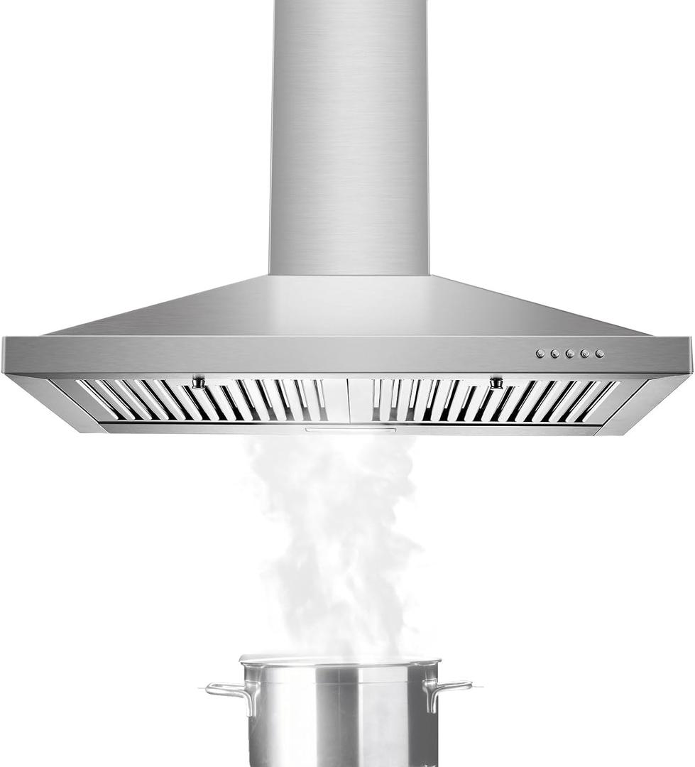 Tieasy Range Hood, Range Hoods 30 inch Stainless Steel, 450 CFM Kitchen Hood with LED Light Baffle Filters, 3 Speed Exhaust Fan Vent Hood