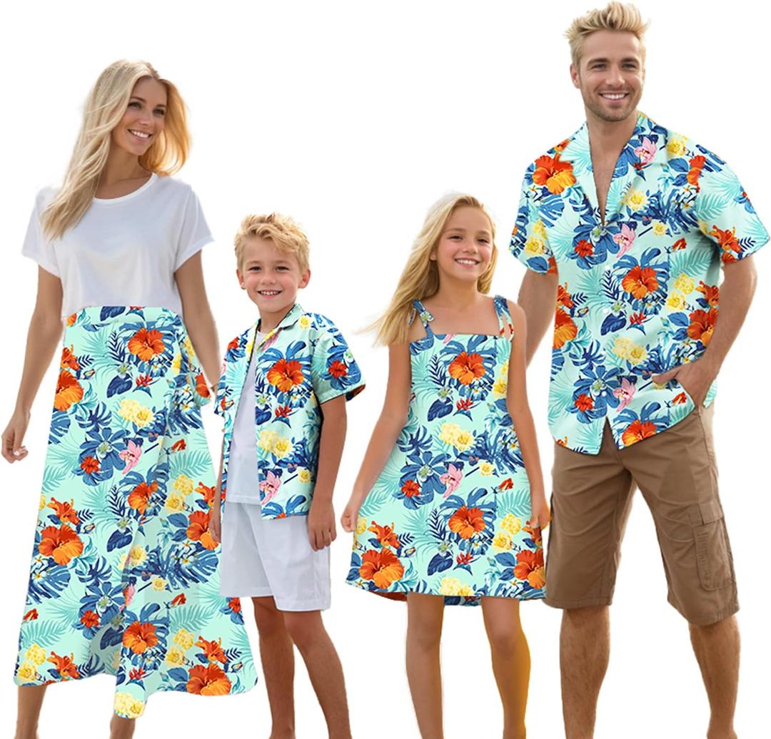 Cromoncent Matching Hawaiian Outfits for Family, Dad and Son Matching Luau Beach Tropical Shirts Mommy Daughter Tropical Sets (Blue, L)