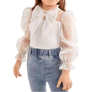 WDIRARA Girl's Bow Front Cute Long Sleeve Blouse Mock Neck Shirt Ruffle Mesh Casual Top Tee White 6 Years