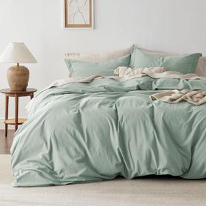 Bedsure 100% Washed Cotton Duvet Cover Queen Size - Sage Green Minimalist Cotton Duvet Cover Linen Like for All Seasons - GentleSoft Plain Simple Bedding (Sage Green, Queen, 90"x90")