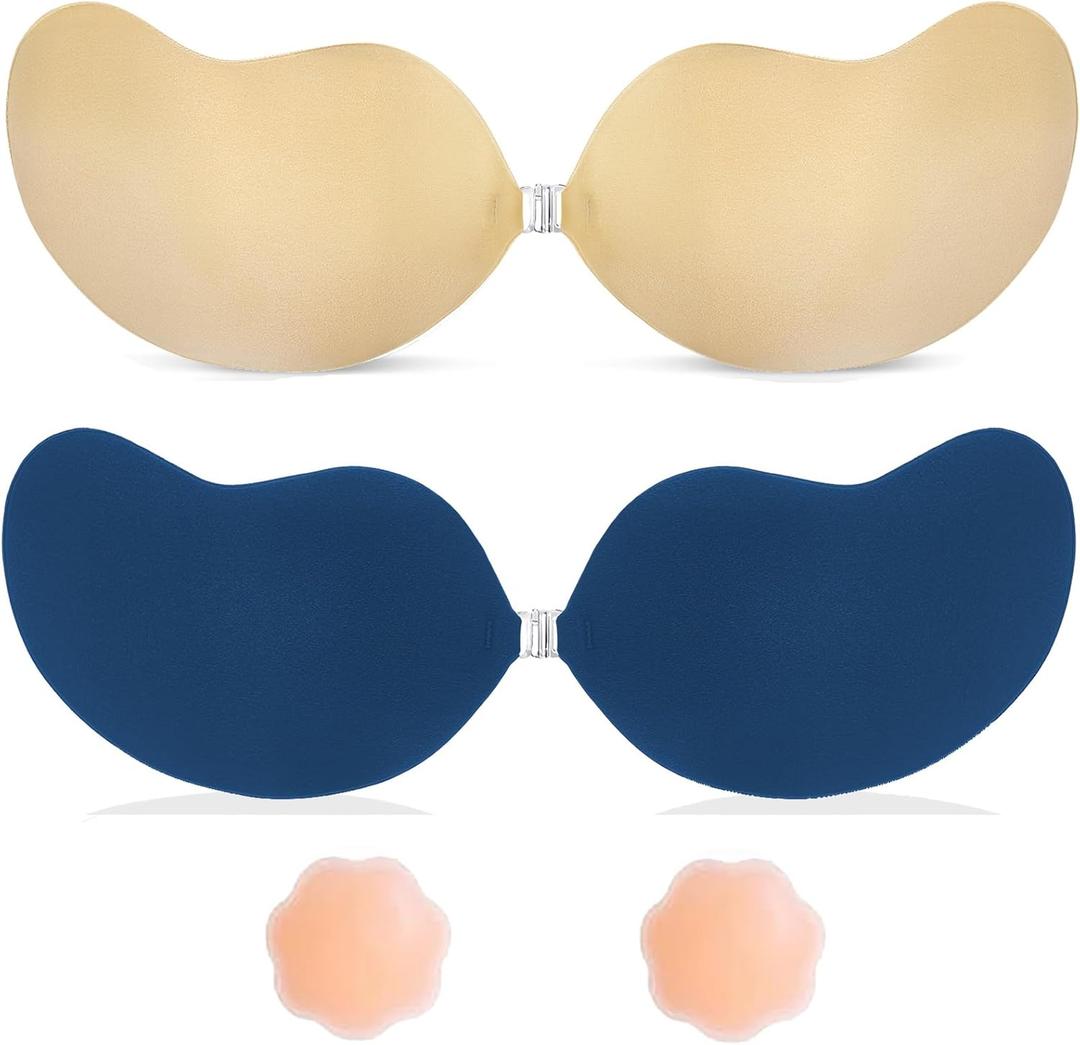 Invisible Sticky Bra Strapless Adhesive Bras Silicone Stick on Push Up Seamless Reusable Backless Bra for Women 2pack (Beige + Navy)