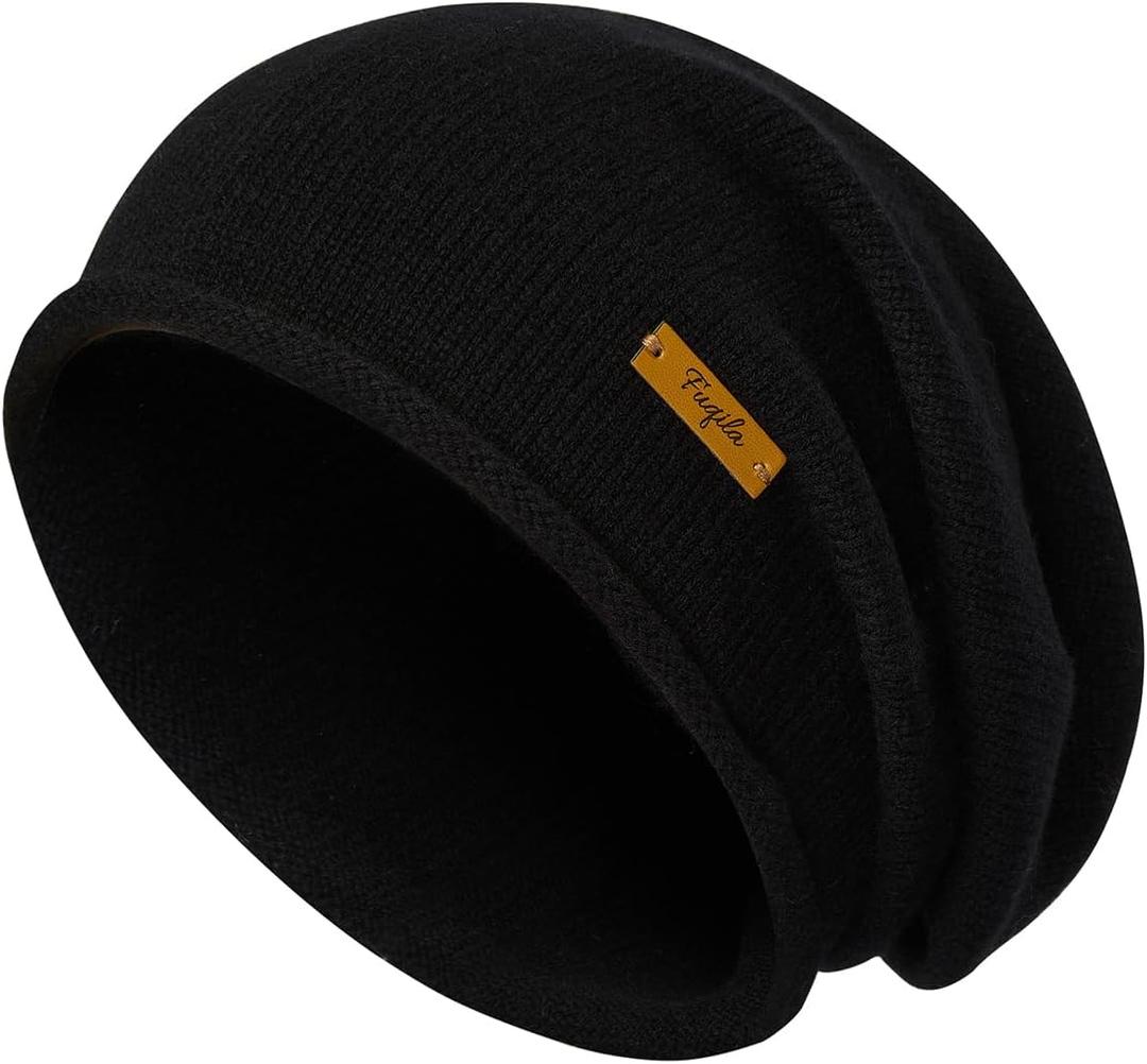 FUQILA 100% Merino Wool Slouchy Beanie Hat, Women Warm Winter Caps Soft, Ladies Breathable & Cozy Stretchy Knitted Skull Cap (One Size, Black)