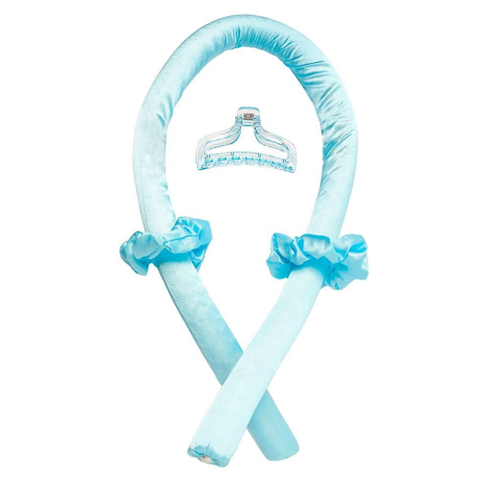 Heatless Curling Rod Headband No Heat Silk Ribbon Curling Rod Hair Roller Curls with Hair Claw Clip Lazy Natural Soft Wave DIY Hair Rollers Styling Tool for Sleep in Overnight (Blue)