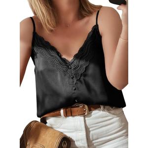 miduo Womens Tanks Tops Summer Going Out Satin Tops Lace Trim V Neck Spaghetti Straps Cami Shirts Sleeveless Tank Tops Black S