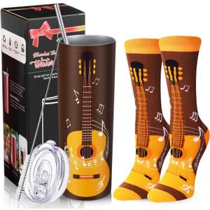Umigy 2 Pcs Music Teacher Gifts 2025 Novelty Guitar Socks & 20 oz Guitar Skinny Water Tumbler with Lids and Straw Teacher Appreciation Gifts for Music Lovers Musician Men Women Graduation
