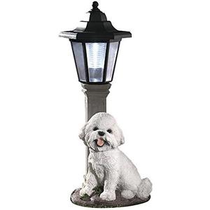 Bits and Pieces - Solar Dog Lantern-Solar Powered Garden Lantern - Resin Dog Sculpture with LED Light (Bichon) - 13.5" Tall