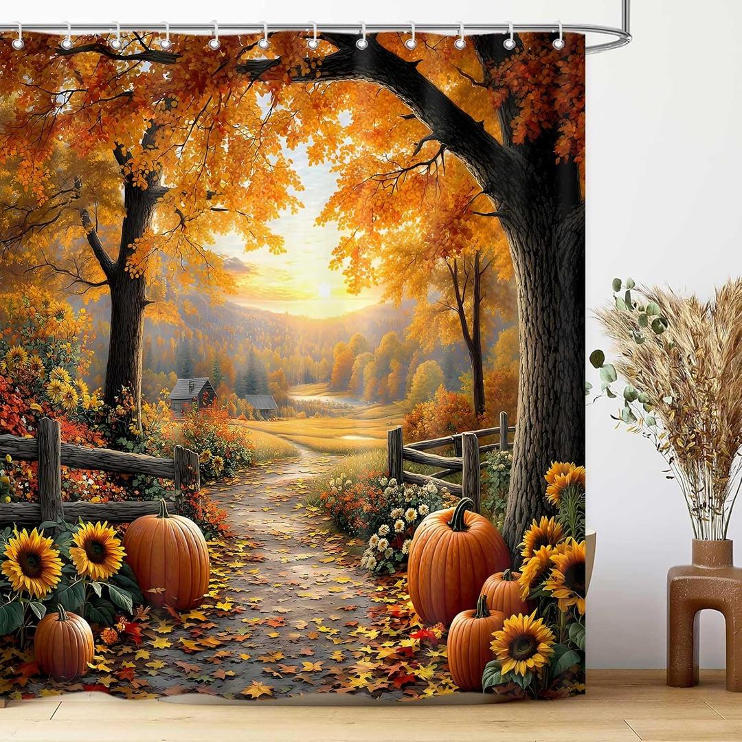 Fall Shower Curtains for Bathroom, Pathway in The Woods Autumn Tree Pumpkin Harvest Thanksgiving Shower Curtain, Cloth Fabric Bath Decor Set with Hooks, 71 x 71 Inch (Gold)
