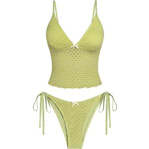 ZAFUL Tankini Swimsuits for Women Lace Jacquard Bowknot Decor Tummy Control High Cut Tanga Tankini Set (Small, A-light Green)
