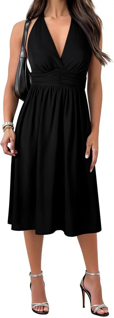 Womens Halter Neck Deep V-Neck Midi Dress with Built-in Bra Pockets Backless Tie Waist Sleeveless A-Line Dresses (Black)