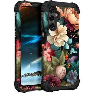 PIXIU Unique Flower Pattern Compatible with Samsung Galaxy A14 5G case, Heavy Duty Dual Layer Shockproof Full-Body Protective Sturdy Hybrid Cute Rugged Case for Women, Girls, Kids-Black Floral (T77)
