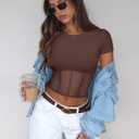 REORIA Women's Sexy Round Neck Short Sleeve Tees Summer Sheer Mesh T Shirt Trendy Y2K Going Out Crop Tops (Pink, M)