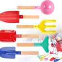 6 Piece Kids Beach Tools,Children Beach Sand Toys, Made of Metal with Sturdy Wooden Handle,Safe Beach Gardening Set,Spoon, Fork, Trowel, Rake & Shovel for Kids