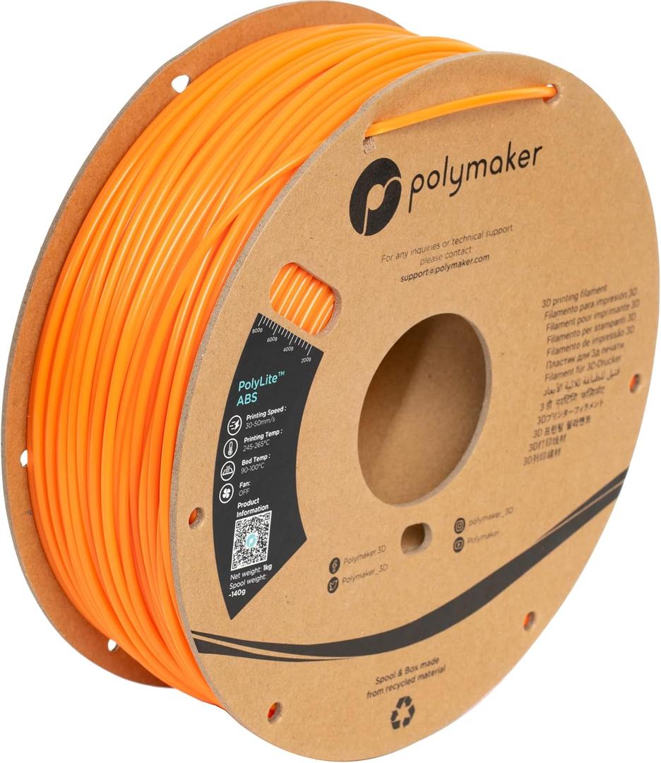 Polymaker ABS Filament 2.85mm Orange, 1kg 3D Printing Filament, PolyLite ABS 3D Printer Filament, Heat Resistant, Strong & Durable, Dimensional Accuracy +/- 0.03mm
