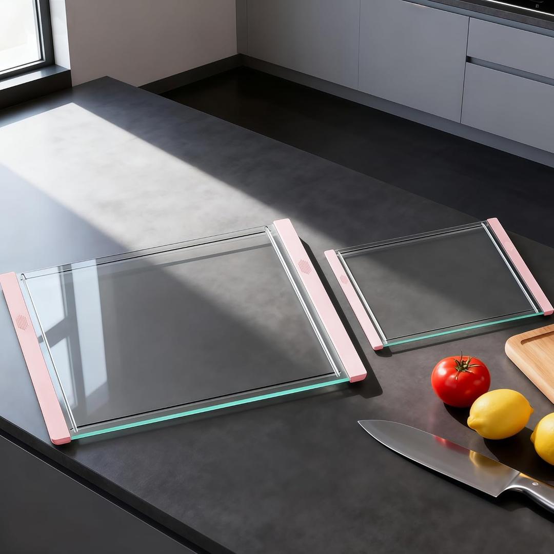 Tempered Glass Cutting Board Set for Kitchen Counter - Dishwasher Safe with Juice Grooves, Non-Slip Silicone Edges & Beveled Grip - 16"x12" & 12"x8" Serving Tray (Pink)